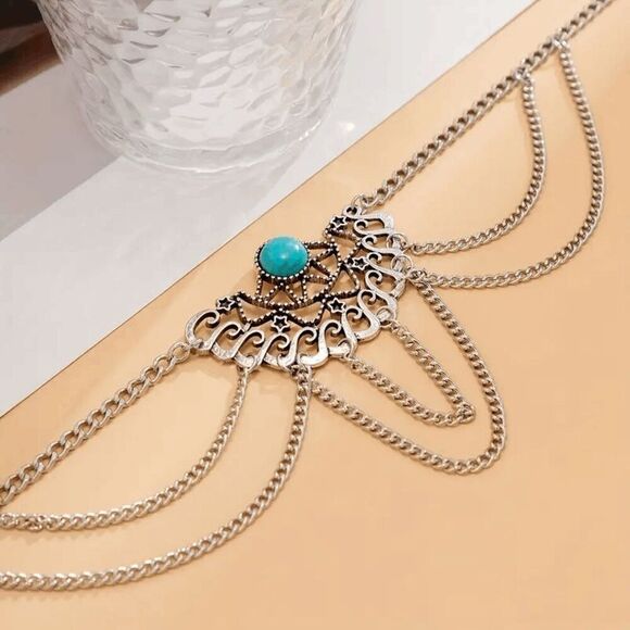 Boho Flower Inlaid Turquoise Multilayer Tassel Arm Chain Cuff - Picture 6 of 9